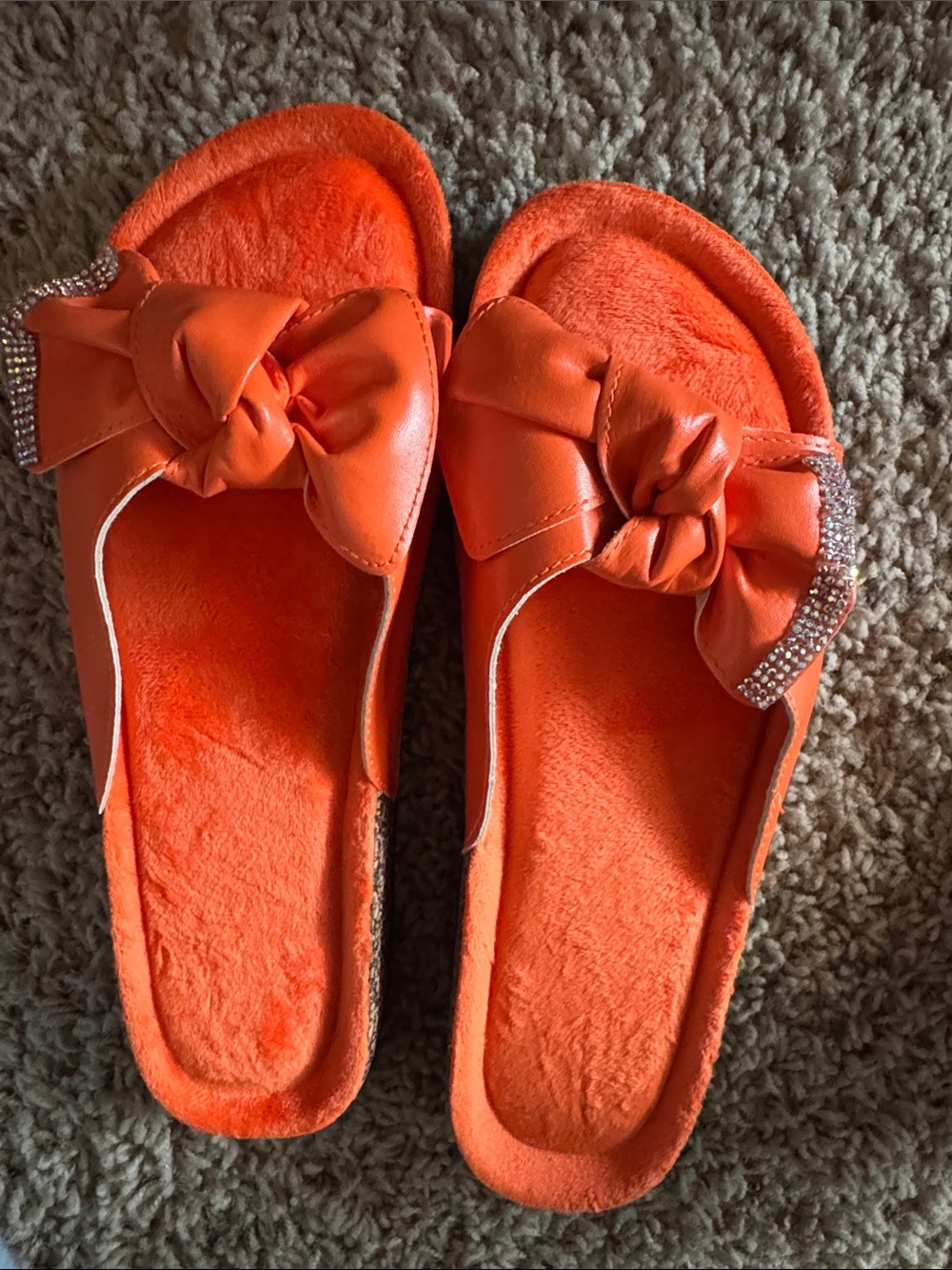 Women's Orange Bow Slide Sandals with Rhinestone Accent